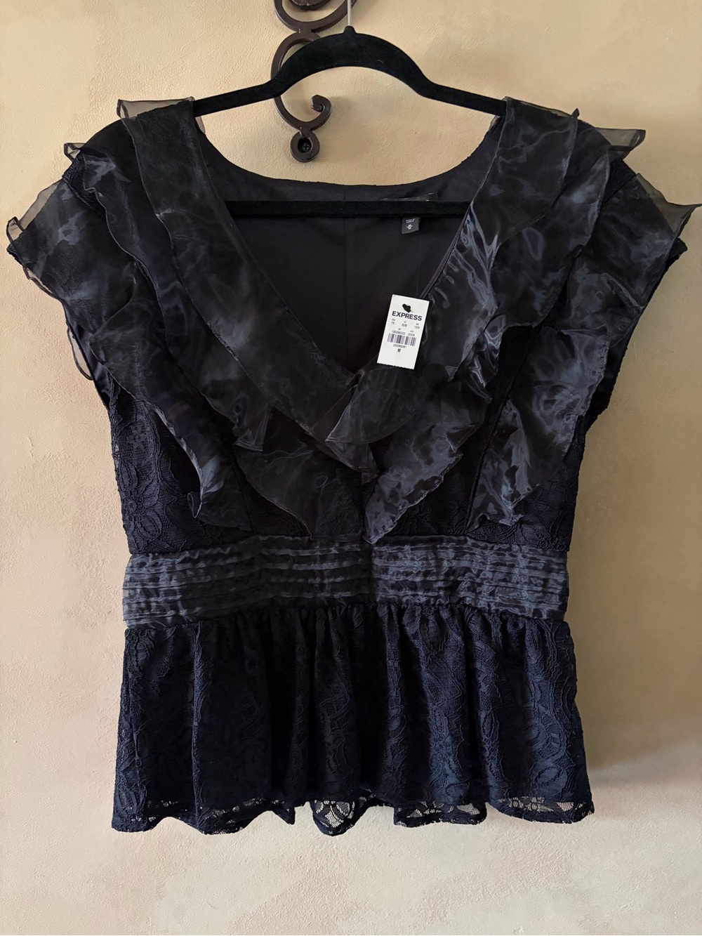 Express Black Lace Ruffle Peplum Blouse